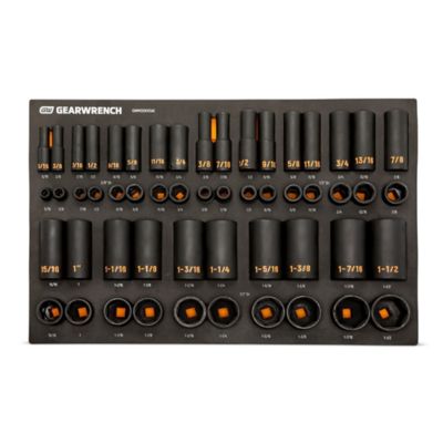 GEARWRENCH 54 pc. 3/8 in. and 1/2 in. Drive 6 pt. SAE Standard and Deep Hi-Viz Impact Socket Set in Foam Storage Tray