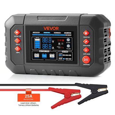 VEVOR Smart Battery Charger, 25 Amps, 6 V 12 V 24 V Ternary Lithium LiFePO4 Lead-Acid (Gel/AGM) Battery Charger