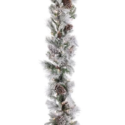Sterling Lightly Flocked Snowbell Pine Garland, 9 ft. Pre-Lit