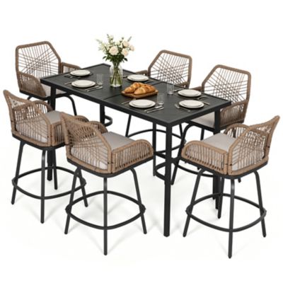 Nuu Garden 7 pc. Patio Bar Set, Twisted Rattan Swivel Chairs with Cushions