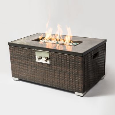 Modern Muse 32 in. Propane Gas Fire Pit Table, Rectangular, 50000 BTU, Tile Top, Wicker Base, Brown, Outdoor
