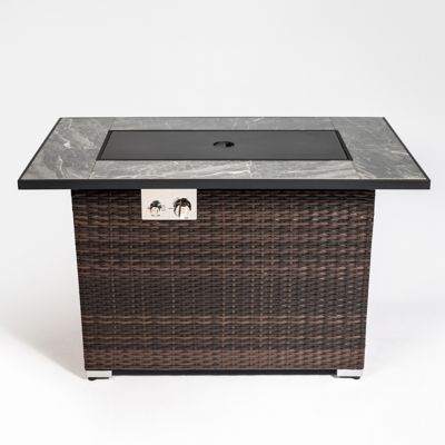 Modern Muse 44 in. Propane Gas Fire Pit Table, Rectangular, 50000 BTU, Tile Top, Wicker Base, Brown, Outdoor