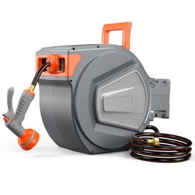 Modern Muse Auto Rewind Retractable Hose Reel 130 ft. , Wall Mount, 180 deg. Swivel, Multi Spray Nozzle, Outdoor Watering