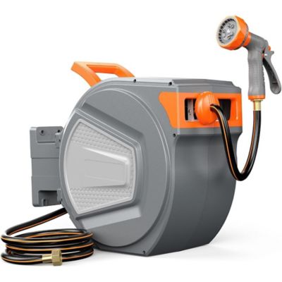 Modern Muse Auto Rewind Retractable Hose Reel 65 ft., Wall Mount, 180 deg. Swivel, Multi Spray Nozzle, Outdoor Watering