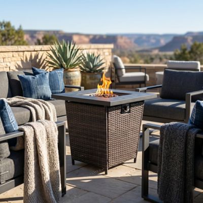 Modern Muse 28 in. Propane Gas Fire Pit Table, 50000 BTU, Square, Steel & Wicker, Black, Outdoor
