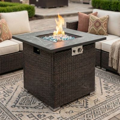 Modern Muse 30 in. Propane Gas Fire Pit Table, 50000 BTU, Square, Tile Top, Wicker Base, Brown, Outdoor