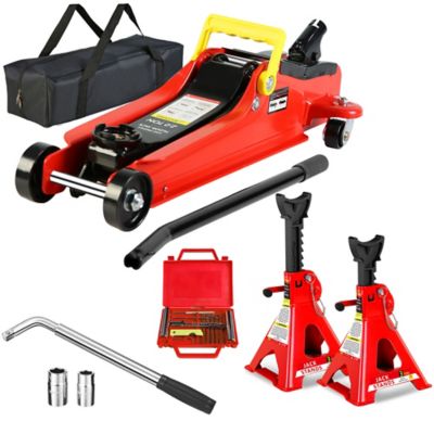 Trustmade 2 Ton Low Profile Floor Jack, Single Piston Quick Pump, Steel, Lift 3.3-15.2 in., 3T Stand, Tire Repair Kit L-Wrench