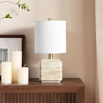 Hudson&Canal Pacha 16 in. Tall Stone Table Lamp with Fabric Shade