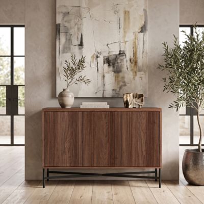 Hudson&Canal 3-Door Brighton Rectangular Fluted Buffet Table, 48 in. W x 32 in. H x 14 in. D, Satin Walnut