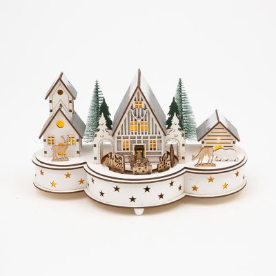 Gerson International Lighted Musical Laser Cut Wood Village with Moving Train 11.81 in. L