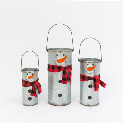 Gerson International Galvanized Metal Snowman Buckets with Scarf, Set of 3