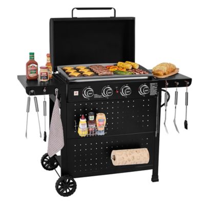 Royal Gourmet 4-Burner Gas Griddle with Pegboard, Removable Standing Cart, Folding Side Shelves with Hooks, Paper Towel Holder
