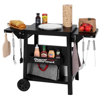 Royal Gourmet Two-Tiered Grill Table with Front Basket and Side Shelves, Two Foldable Side Shelves with Hooks