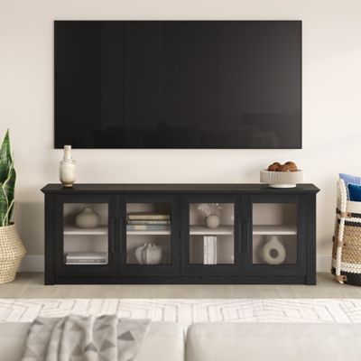 Hudson&Canal Thornwell Rectangular TV Stand for TV's up to 78 in. with Glass Doors, Black Grain/Alder White