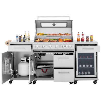 Royal Gourmet Dual Worktables, Four Pull-Out Drawers, Electronic Ignition, Cabinet-Style Cart Frame