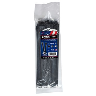 Mayhew 11 in. 50 lb. Black UV Cable Ties, 100/Bag, USA Made