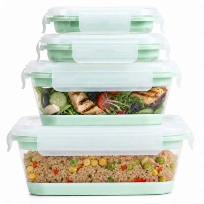 CHEFSPOT 4 pc. Square and Rectangular Collapsible Silicone Food Storage Container Set with Airtight Snap Lock Lids, Sage Green