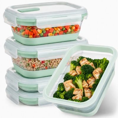 CHEFSPOT 5 pc. Stackable Collapsible Silicone Meal Prep Food Storage Container Set with Airtight Snap Lock Lids, Sage Green
