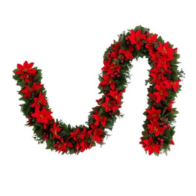Nearly Natural UV Resistant Artificial Christmas Poinsettia & Berries Garland (Indoor/Outdoor)