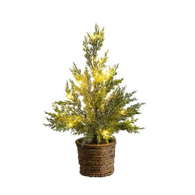 Nearly Natural 18 in. Pre-Lit Artificial Snowed Cypress Christmas Tree with 15 LED Lights in Hyacinth Basket
