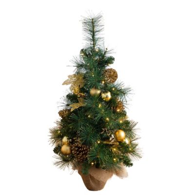 Nearly Natural 3 ft. Artificial Pre-Lit Christmas Tree with Gold Ornaments & Pinecones and 50 LED Lights in Jute Wrapped Base