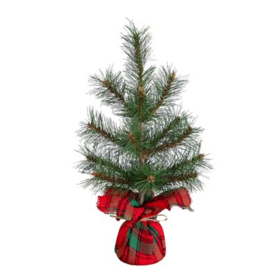 Nearly Natural 16 in. Artificial Christmas Tree with Tartan Plaid Flannel Wrapped Base
