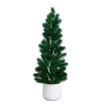 Nearly Natural 20 in. Artificial Christmas Tree with Pinecones in White Ceramic Planter
