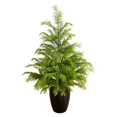Nearly Natural 4 ft. Artificial Real Touch Goldcrest Christmas Tree with in Black Decorative Planter