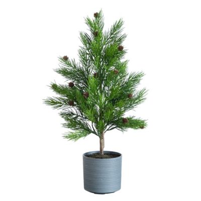 Nearly Natural 2 ft. Artificial Real Touch Cedar Christmas Tree with Pinecones in Gray Decorative Planter