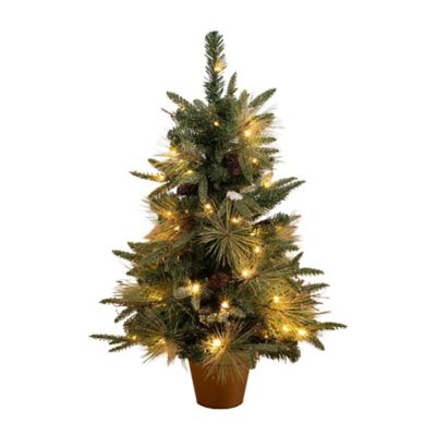 Nearly Natural 3 ft. Artificial Prelit Snowed Mixed Pine Christmas Tree with LED Lights and Pinecones in Gold Decorative Planter