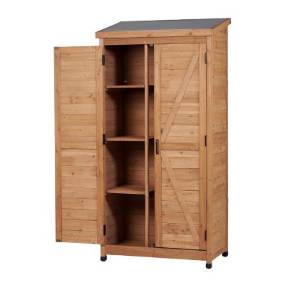 Trustmade Outdoor Wooden Storage Shed with Metal Top Tall Vertical Tool Cabinet for Backyard Garden Patio Lawn, Brown
