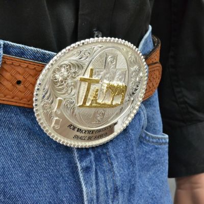 Image showing  Faith and Wisdom Oval Christian Cowboy Western Belt Buckle, 5-1/8 in. x 3-7/8 in., 60889-731-V2-BL
