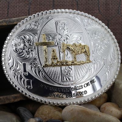 Image showing  Faith and Wisdom Oval Christian Cowboy Western Belt Buckle, 5-1/8 in. x 3-7/8 in., 60889-731-V2-BL