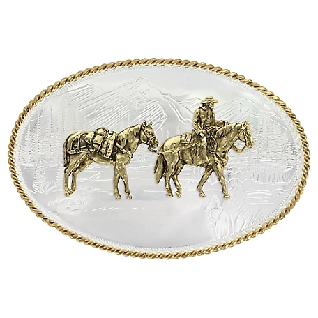 Montana Silversmiths Unisex Etched Mountains Horse and Rider Western Belt Buckle, 6250-35