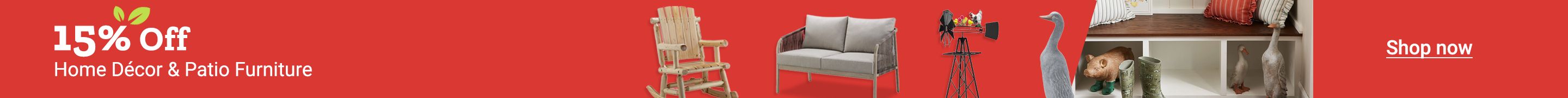 15 percent off home decor and patio furniture, featuring chairs, seating and outdoor decor.