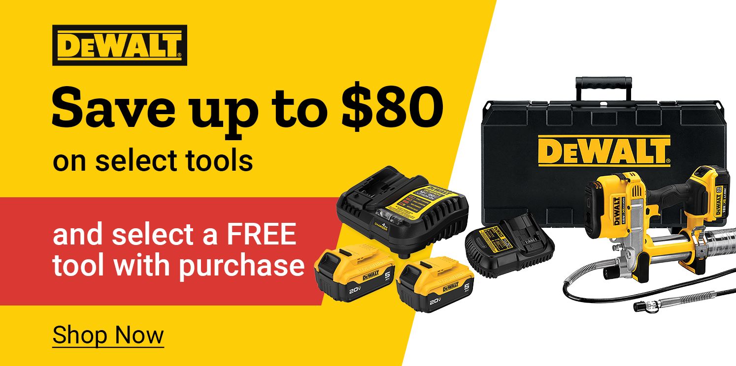 Tractor Supply Company promotion. Save up to 80 dollars on select DeWalt tools and select a free tool with purchase. Image shows DeWalt power drill, batteries, charger, and carrying case. Shop Now button displayed.