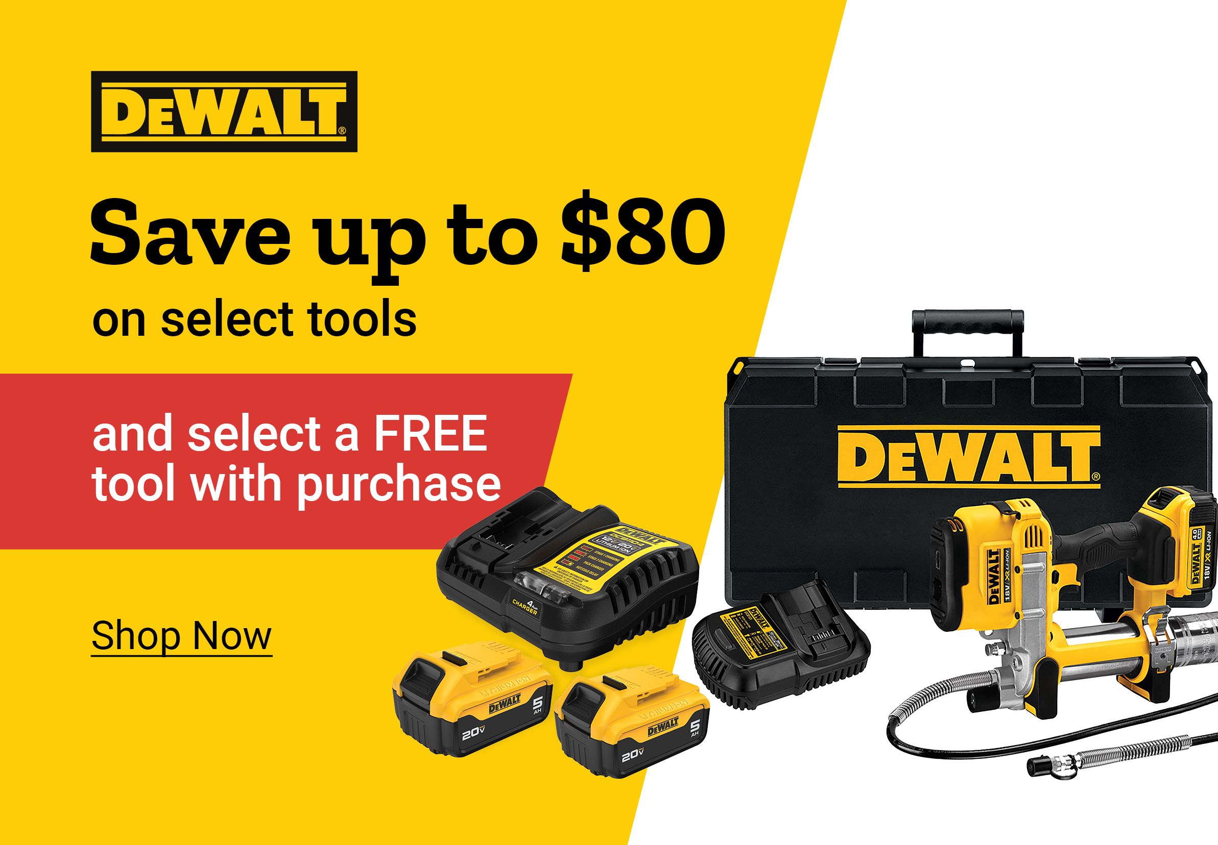 Tractor Supply Company promotion. Save up to 80 dollars on select DeWalt tools and select a free tool with purchase. Image shows DeWalt power drill, batteries, charger, and carrying case. Shop Now button displayed.