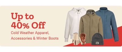 Tractor Supply Company promotion. Save up to 40 percent off cold weather apparel, accessories, and winter boots. Image shows winter jackets, hoodies, gloves, and knit beanie displayed on a light background.