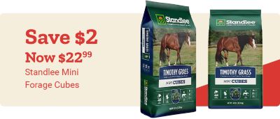 Tractor Supply Company promotion. Save 2 dollars on Standlee Mini Forage Cubes, now 22.99. Image shows Standlee Timothy Grass Mini Cubes bags on a light blue background.