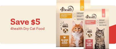 Tractor Supply Company promotion. Save 5 dollars on 4health dry cat food. Image shows 4health Chicken and Rice Formula 25 lb and 4health Salmon and Rice Formula 18 lb dry cat food bags with cats pictured on the packaging.