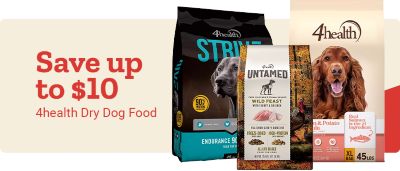 Tractor Supply Company promotion. Save up to 10 dollars on 4health dry dog food. Image shows 4health Strive Endurance dog food, 4health Untamed Wild Feast dog food, and 4health Salmon and Potato dry dog food bags.