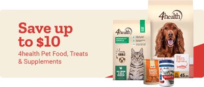 Tractor Supply Company promotional banner offering save up to 10 dollars on 4health pet food, treats, and supplements. Image shows 4health dry dog food salmon and potato 45 lb bag, 4health indoor cat formula 18 lb bag, 4health baked slices treats, and 4health hip and joint supplement. Limited time pet savings.