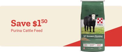 Tractor Supply Company promotional banner offering save 1 dollar on Purina cattle feed. Image shows a bag of Purina 12 percent Grower Finisher cattle feed with cow graphic. Limited time livestock feed savings.