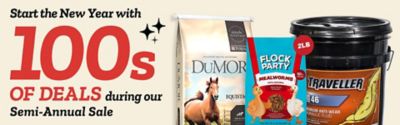 Tractor Supply Company promotional banner for Semi Annual Sale. Start the New Year with hundreds of deals. Image shows DuMOR Equistage horse feed, Flock Party mealworms poultry treats 2 lb, and Traveller ISO 46 Premium Anti Wear Hydraulic Fluid bucket. Limited time savings during Semi Annual Sale.