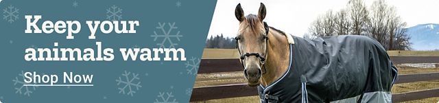 Banner with a blue background patterned with light snowflakes. White text on the left reads: Keep your animals warm. On the right are winter farm scenes including a horse wearing a blanket outdoors, cattle near a barn at sunset, and a farmer tending animals beside a barn. In the upper right corner, white underlined text reads: Shop Now.