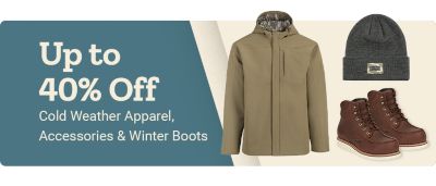 Up to 40% off cold weather apparel, accessories, and winter boots. Image shows a tan winter jacket with camo lining, a dark gray knit beanie, and a pair of brown leather lace-up boots. Beige and blue background with promotional text on the left.