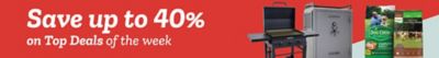 Promotional banner with a red background. Large white text reads: Save up to 40 percent. Smaller white text below reads: on Top Deals of the week. On the right side of the banner are product images including a black outdoor grill with side shelves, a gray Cannon gun safe, and bags of Purina Dog Chow Complete Adult dry dog food. The layout highlights weekly savings across multiple product categories.