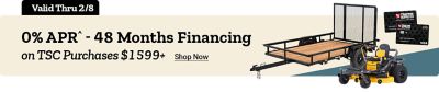 Promotional banner with a light beige background and product imagery on the right. Text across the top reads: Valid Thru February 8th. Large bold text on the left reads: 0 percent APR for 48 Months Financing on TSC Purchases 1599 dollars and up. Beneath the financing message, underlined text reads: Shop Now. On the right side of the banner is a flatbed utility trailer and a yellow zero-turn riding mower positioned in front of it. In the upper right corner, images of Tractor Supply Co. Preferred Plus Neighbor credit cards are displayed, including Visa and Citi branding.