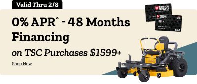 Promotional banner with a light beige background and product imagery on the right. Text across the top reads: Valid Thru February 8th. Large bold text on the left reads: 0 percent APR for 48 Months Financing on TSC Purchases 1599 dollars and up. Beneath the financing message, underlined text reads: Shop Now. On the right side of the banner is a flatbed utility trailer and a yellow zero-turn riding mower positioned in front of it. In the upper right corner, images of Tractor Supply Co. Preferred Plus Neighbor credit cards are displayed, including Visa and Citi branding.