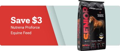Promotional banner with a red background on the left and a light blue background on the right. Large white text reads: Save 3 dollars. Smaller white text below reads: Nutrena Proforce Equine Feed. On the right side of the banner is a black bag of Nutrena Proforce Senior Equine Feed featuring an image of a brown horse. The bag includes the brand name Proforce, the word Senior, and multiple icons highlighting nutritional benefits.